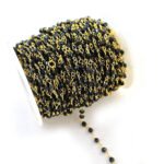 1 Meter Pkg. Beaded Chain 4mm round green double loope glass beads  with Gold plated wire