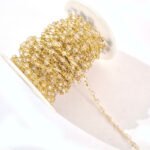 1 Meter Pkg. Beaded Chain 4mm pressed round aqua color glass beads  with Gold plated wire