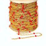 1 Meter Pkg. Beaded Chain Red beads in gold plated metal chain  with Gold plated wire