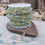 1 Meter Pkg. Beaded Chain 6mm Aqua color glass crystal beads with Gold plated wire
