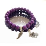 2sets, Purple beaded 8mm beads bracelets with charms, stretchable easy to wear in all hand
