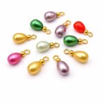 50 Pcs Glass Pearl Drop Charms with Gold Loop – Colorful Teardrop Beads for Jewelry Making, size approx 7x15mm (with loop)