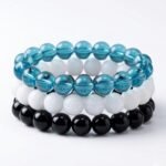 3pcs Beaded Bracelet Set – 8mm Stretchable (Black, White & Aqua Blue)