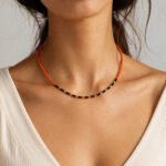 16 Inch Orange and Black Beaded Choker Necklace with Gold Accent Minimal Jewelry