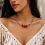 16 Inch Multicolor Beaded Necklace with Red Stone Center Handmade Jewelry